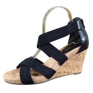 TOETOS Solsoft_15 Women Wedge Sandal Size 9 Casual Comfort Black Fabric Cork